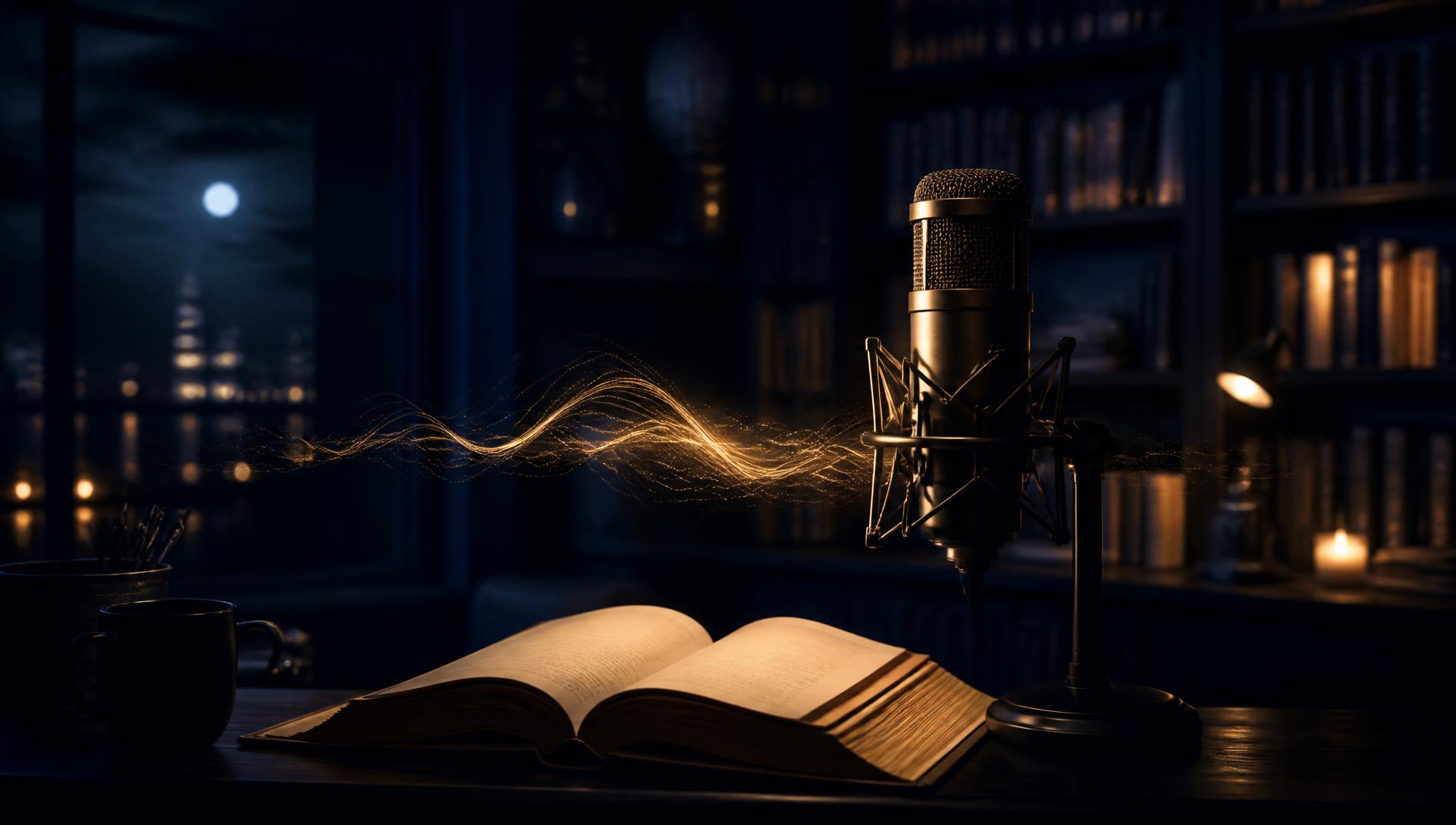 Night-time literary broadcast studio with an open book, microphone and glowing sound waves